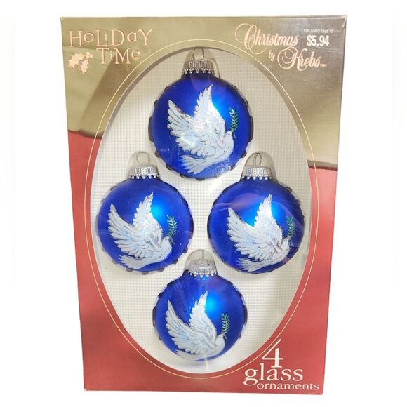 Vintage Christmas By Krebs Holiday Time 4pc Blue Peace Dove Glass Ball Ornaments - Picture 1 of 13
